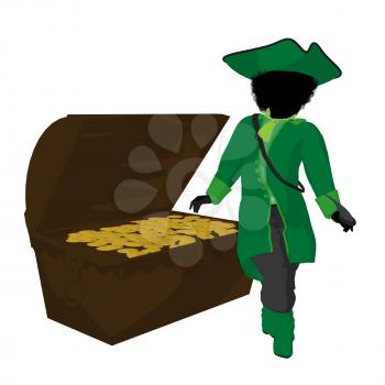 Royalty Free Clipart Image of a Little Pirate and a Treasure Chest