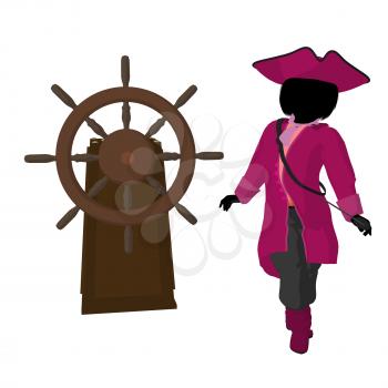 Royalty Free Clipart Image of a Girl Pirate With a Steering Wheel