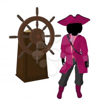 Royalty Free Clipart Image of a Girl Pirate With a Steering Wheel