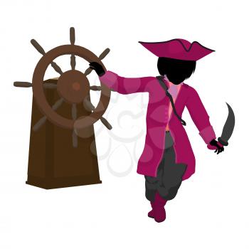 Royalty Free Clipart Image of a Girl Pirate With a Steering Wheel