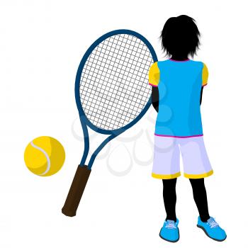 Royalty Free Clipart Image of a Child With a Tennis Racket and Ball