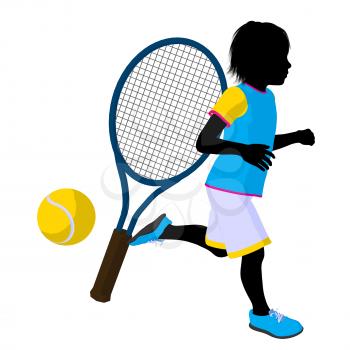 Royalty Free Clipart Image of a Child With a Tennis Racket and Ball