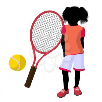 Royalty Free Clipart Image of a Girl, Tennis Racket and Ball