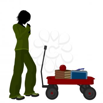 Royalty Free Clipart Image of a Boy With Schoolbooks and an Apple in a Wagon