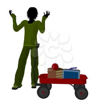 Royalty Free Clipart Image of a Boy With Schoolbooks and an Apple in a Wagon