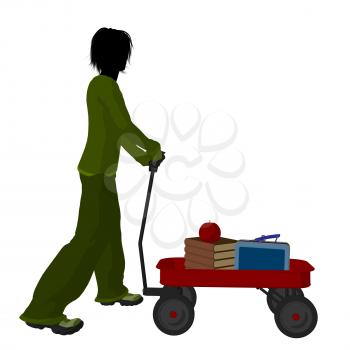 Royalty Free Clipart Image of a Boy With Schoolbooks and an Apple in a Wagon