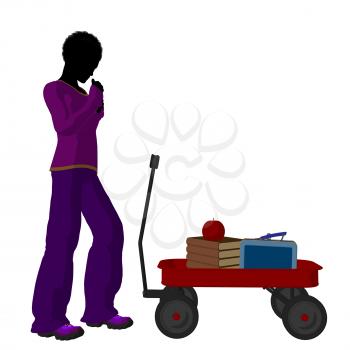 Royalty Free Clipart Image of a Boy With Schoolbooks in a Wagon