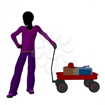 Royalty Free Clipart Image of a Boy With Schoolbooks in a Wagon