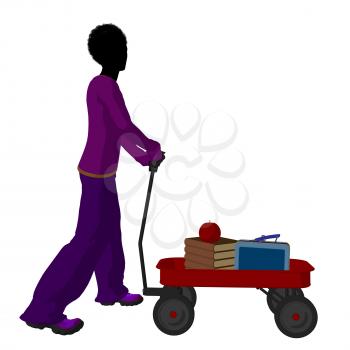 Royalty Free Clipart Image of a Boy With Schoolbooks in a Wagon