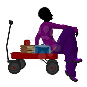 Royalty Free Clipart Image of a Boy With Schoolbooks in a Wagon