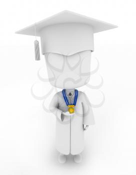 3D Illustration of a Graduate Proudly Showing His Medal