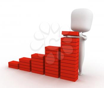 3D Illustration of a Man Adding a Brick to a Bar Graph