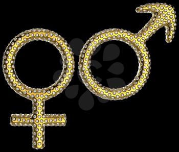 Royalty Free Clipart Image of Golden Gender Symbols Incrusted With Gems