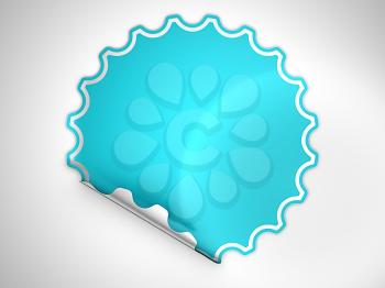 Blue round bent label or sticker over grey spot light background