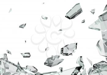 Pieces of demolished or Shattered glass isolated on white