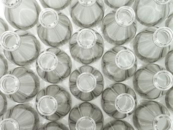 Set of plastic empty opened bottles. Top view