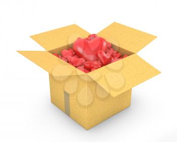 Carton box full of hearts, isolated on white background