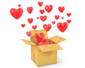 Carton box with a lot of flying out hearts, isolated on white background