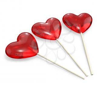 Three heart shaped lollipops, isolated on white background