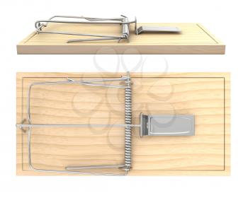 Wooden mouse trap, side and top view, isolated on white background