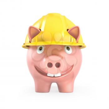 Piggy bank wears yellow helmet, front view isolated on white background