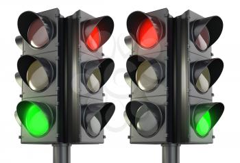 Four sided traffic light red and green variations, isolated on white background