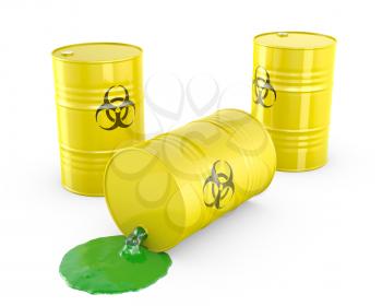 Toxic waste spilling from barrel, isolated on white background