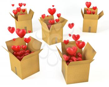 A lot of carton boxes with red hearts flying out of them, isolated on white background