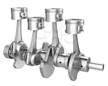 Engine pistons on a crankshaft, isolated on white background