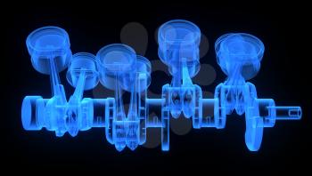 V8 engine pistons on a crankshaft, blue x-ray version on black background