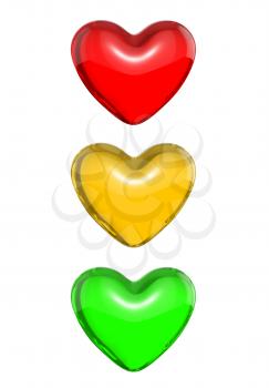 Red candy heart colored as traffic light, isolated on white background