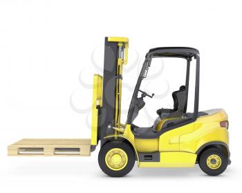 Yellow fork lift truck with pallet, isolated on white background