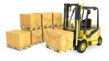 Yellow fork lift truck with stack of carton boxes, isolated on white background