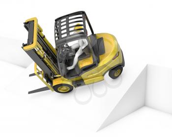 Yellow fork lift truck falling after turning on slope, isolated on white background