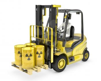 Fork lift truck with radioactive barrels, isolated on white background