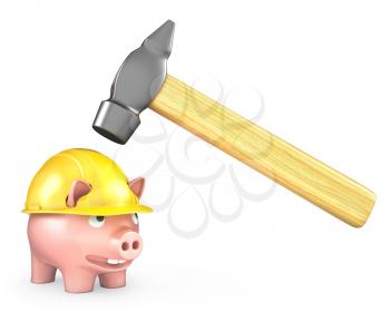 Piggy bank in yellow helmet under large hammer, isolated on white background