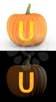 U letter carved on pumpkin jack lantern isolated on and white background