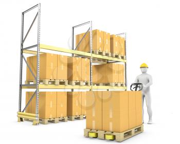 Worker moves boxes with pallet truck, isolated on white background