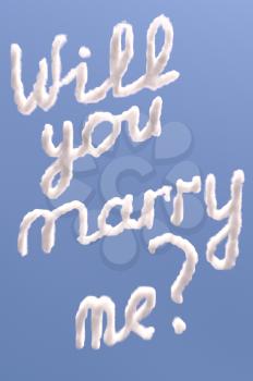 Will you marry me text in sky, isolated on blue