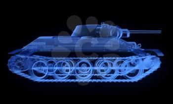 X-ray version of soviet t34 tank isolated on black