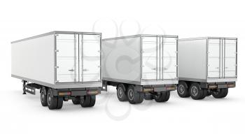Three blank white parked semi trailers, isolated on white background