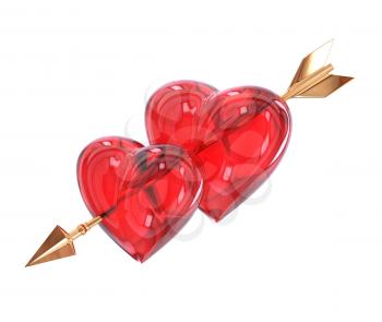 Two Red heart pierced by a golden arrow isolated on white background. Cupid's arrow. 
3d illustration.