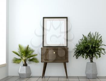 mock up with empty frame and plants in the granite vases. 3D illustration. 3D rendering 
of an abstract mock up poster