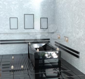 Modern bathroom with ceramic bath with candles. 3D rendering mock up