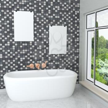 Luxurious white modern bathroom in the bathroom with tiles, marble, large window. Bathroom with a landscape. 3D rendering