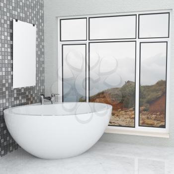 Luxurious white modern bathroom in the bathroom with tiles, marble, large window. Bathroom with a landscape. 3D rendering