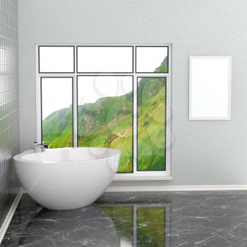 Luxurious white modern bathroom in the bathroom with tiles, marble, large window. Bathroom with a landscape. 3D rendering