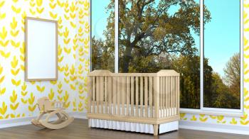 Children's room with landscape, rocking horse and cot. 3D rendering