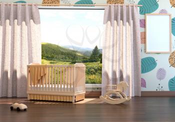 Children's bedroom with baby cot. 3d illustration. Render of a children's room with a bed and a landscape