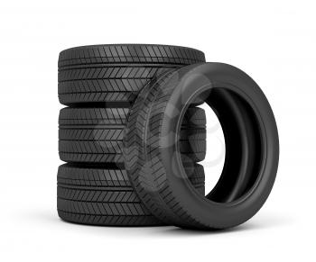 Set of car tires on white background